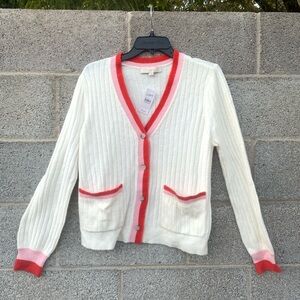LOFT White Cardigan with Pink and Red Trim Swiftie Style Women’s Size Large NWT